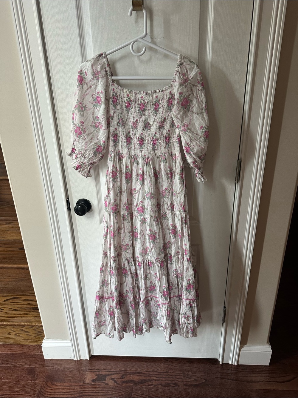 LoveShackFancy White Floral Midi Dress with Pink Accents
